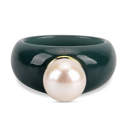 D'Joy Nat&uuml;rlicher Olmek Jadeit, Wei&szlig;e Edison Perle (11-12mm) Ring 925 Silber vergoldet (Gr&ouml;&szlig;e 17.00)