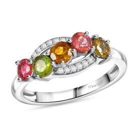 D joy Mehrfarbig-Turmalin, Weißer Zirkon Ring 925 Silber platiniert (Größe 18.00) ca. 1,18 ct