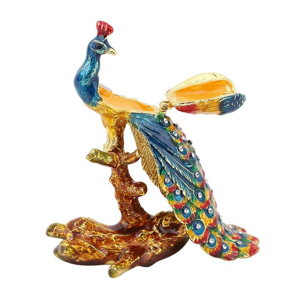 Tablettendöschen mit weißen Kristallen, emailliert, goldfarben, Pfau image number 2