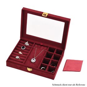 Samt Schmuckbox mit 5 Silberputztüchern, 8 Ringfächer, 8 kleine Fächer, herausnehmbares Kettentablett, Sichtfenster, Metallschloss, 20x15x5?cm, Bordeaux