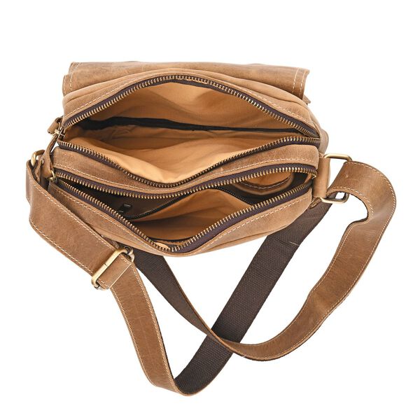 Echtleder-Crossbody-Tasche mit Überschlag und Mehrfachfächern, 25x8x18 cm, Khaki image number 5