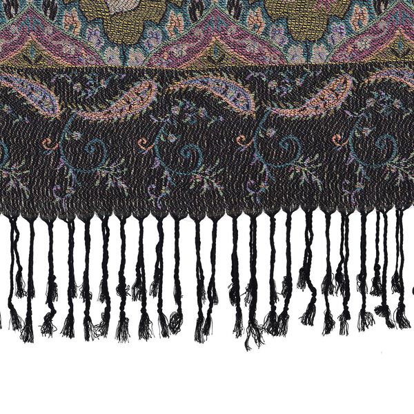 Schal mit Quasten und Paisleymuster, 70x180 cm, Schwarz, olivgrün und blaugrün image number 3