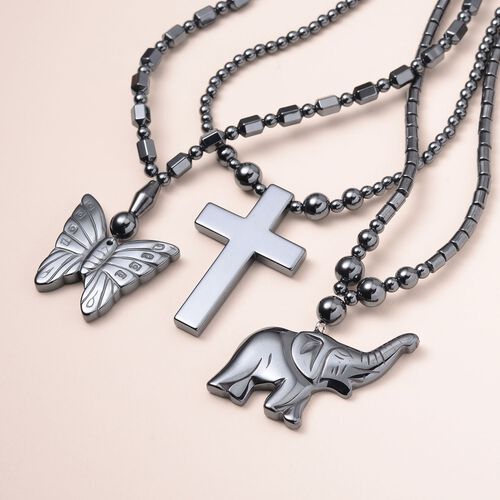 3er Set Hämatit Halsketten mit Elefant, Schmetterling und Kreuz ca. 727.65 ct image number 1