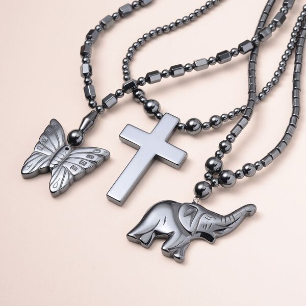 3er Set Hämatit Halsketten mit Elefant, Schmetterling und Kreuz ca. 727.65 ct image number 1
