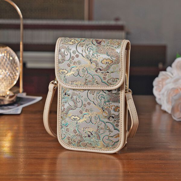 LA MAREY Brokat Handy Umh&auml;ngetasche aus Seide und Echtleder, 12x19x3cm, Beige image number 1