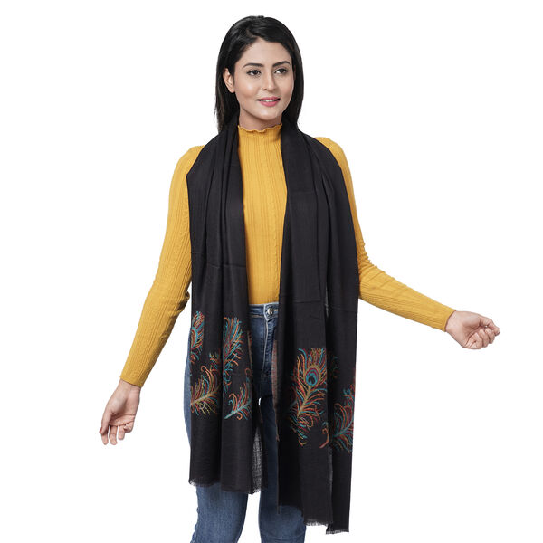 LA MAREY- 100% Kaschmirwolle Schal mit gewebten Federmotiven, Schwarz, 70x200cm image number 3