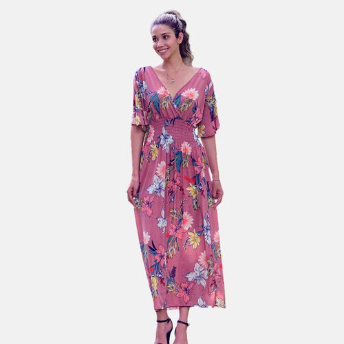 Gesmoktes Maxi-Kleid, Blumenmuster, Rosa image number 0
