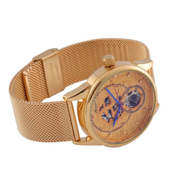 GENOA TIME V2 - Automatische mechanische Uhr mit Drachenmuster und Edelstahl-Mesharmband, 23 cm, vergoldet, ca. 89,00g image number 6