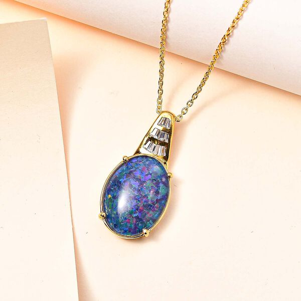 AAA Boulder Opal, Wei&szlig;er Zirkon Anh&auml;nger mit Kette, 925 Silber Gelbgold Vermeil ca. 8.12 ct image number 2