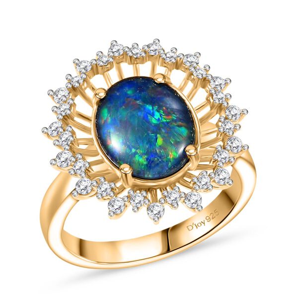 Djoy Boulder Opal Triplette, Wei&szlig;er Zirkon Ring 925 Silber 750 Gelbgold Vermeil (Gr&ouml;&szlig;e 21.00) ca. 2.61 ct image number 4