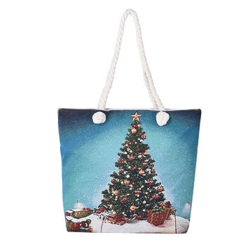Jute Handtasche, Weihnachtsbaum Muster, Gr&ouml;&szlig;e 42x34x9x37 cm, Blau