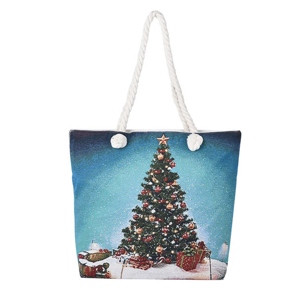 Jute Handtasche, Weihnachtsbaum Muster, Gr&ouml;&szlig;e 42x34x9x37 cm, Blau