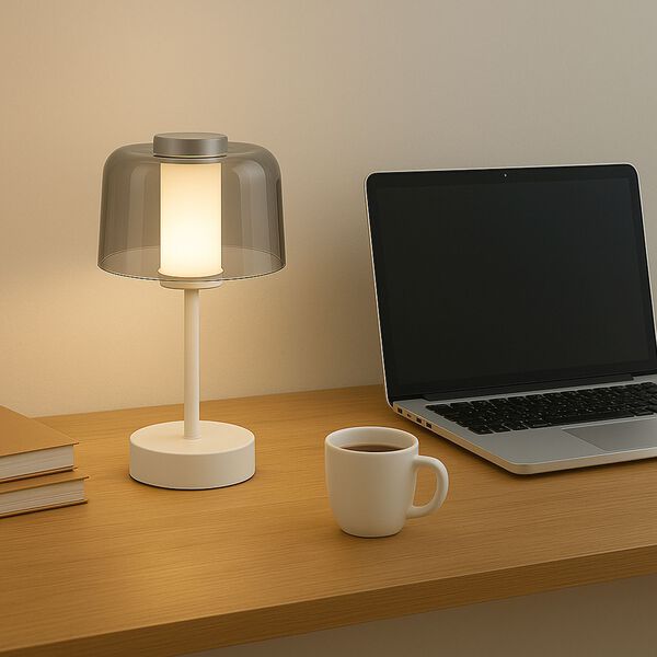 LIVEMORE Transparente Pilz-Tischlampe, kabellos, wiederaufladbar, 3 Lichtfarben, Smart Touch, Weiß image number 4