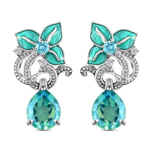 GP Italian Garden Kollektion - Pfau Triplett Quarz, blaue Apatit, Kanchanaburi blauer Saphir und Zirkon florale, emaillierte Ohrhänger in Silber image number 0