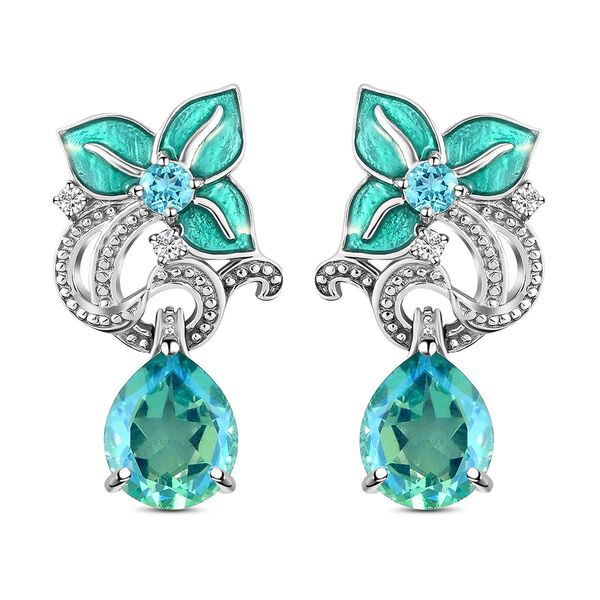 GP Italian Garden Kollektion - Pfau Triplett Quarz, blaue Apatit, Kanchanaburi blauer Saphir und Zirkon florale, emaillierte Ohrhänger in Silber image number 0