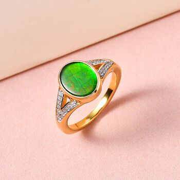 Kanadischer Ammolit und wei&szlig;er Zirkon-Ring, 925 Silber Gelbgold Vermeil (Gr&ouml;&szlig;e 21.00) ca. 2,44 ct