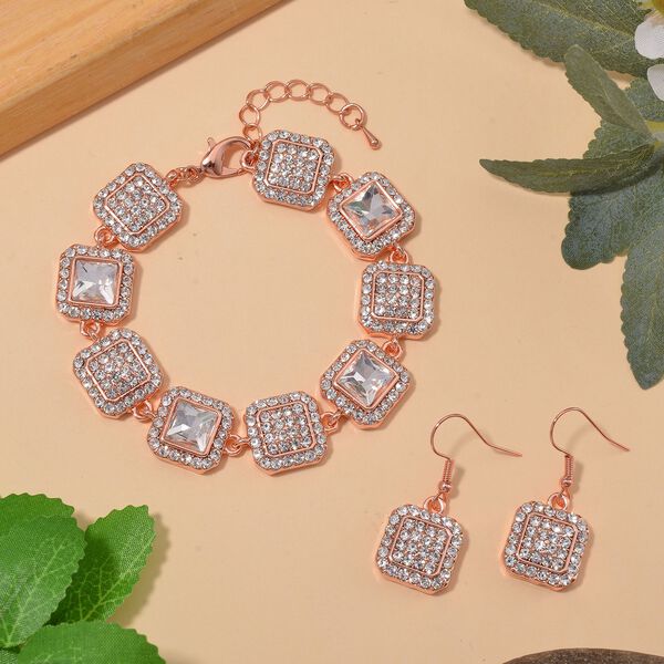 2er Set - Weißer Kristall Armband und Ohrringe, rosefarben image number 2
