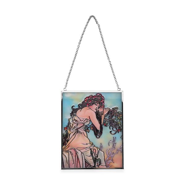 Handbemalter Glas Suncatcher mit Kette, silberfarbenem Rahmen, Alphonse Mucha Motiv Sommer, 12x15 cm image number 2