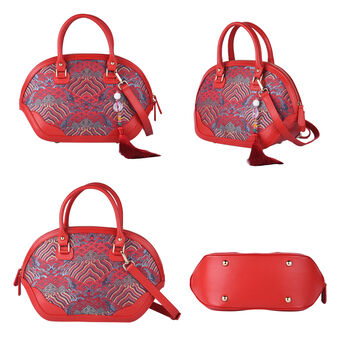 Seidenbrokat Tasche aus 100% Leder mit nat&uuml;rlicher Jade Quaste, Gr&ouml;&szlig;e 35x23x13 cm, Rot