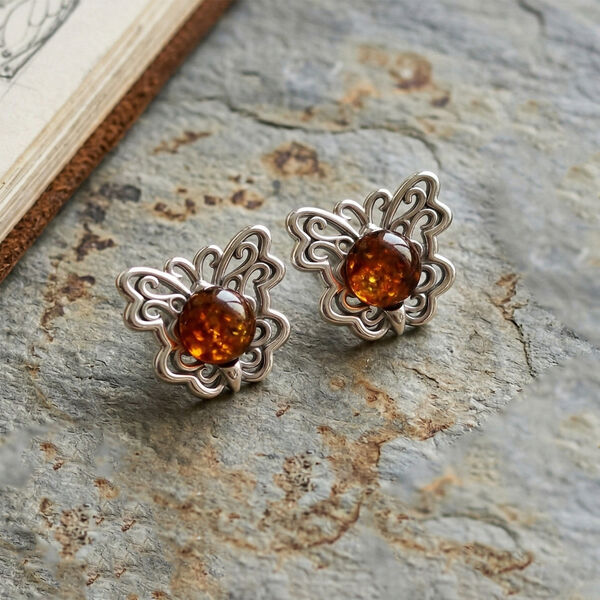 Nat&uuml;rlicher Baltischer Bernstein Schmetterling Ohrringe 925 Silber image number 1