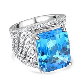 Elektrischer Blau Topas, weißer Zirkon Ring, 925 Silber platiniert, (Größe 19.00), ca. 17.16 ct