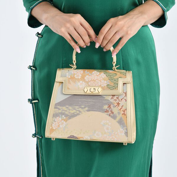 LA MAREY Crossbody Tasche aus 80% Seidenbrokat und 20% Echtleder, 24x10x20cm, Beige image number 3