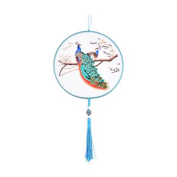 LIVMORE - Handstickerei-Wanddekoration aus 100% Seide mit Jade-Quaste, 20 cm, Pfau-Motiv