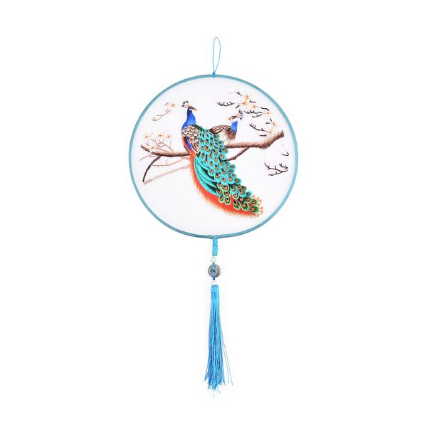 LIVMORE - Handstickerei-Wanddekoration aus 100% Seide mit Jade-Quaste, 20 cm, Pfau-Motiv