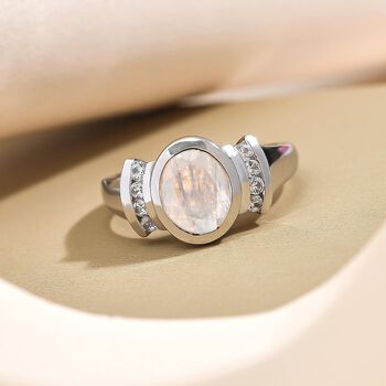Premium Regenbogen Mondstein und wei&szlig;er Zirkon-Ring, 925 Silber platiniert  ca. 2,00 ct