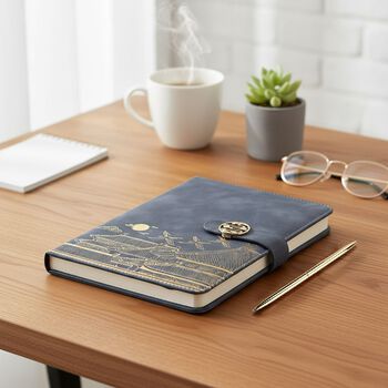 LIVMORE 2er-Set A5 Notizbuch mit Stift, Umschlag mit Magnetverschluss, Stadt-Motiv, Nationaler Landschaftsstil, Nebelblau