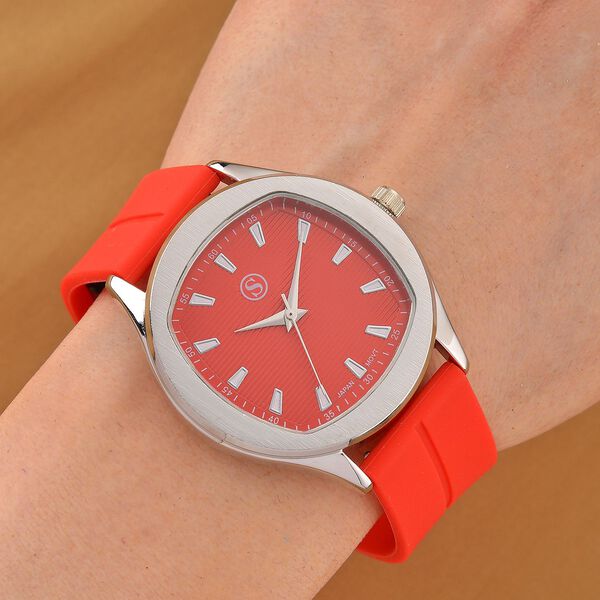 STRADA - Uhr mit japanischem Uhrwerk, silbernem Gehäuse und rotem Silikonarmband image number 2