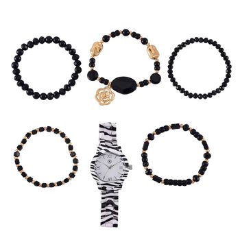 6er Set - J Francis gefertigt aus Harz: 5 Armb&auml;nder und Zebra-Muster Uhr, vergoldet