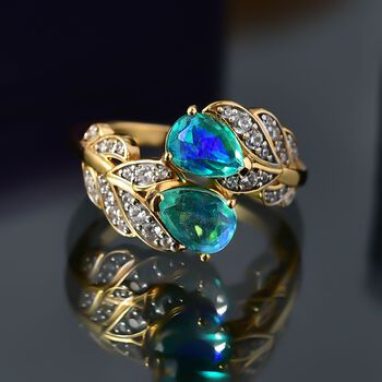 D&rsquo;joy Pfau Quarz Triplette, Wei&szlig;er Zirkon Ring 925 Silber 750 Gelb Vergoldet (Gr&ouml;&szlig;e 19.00) ca. 2,06 ct