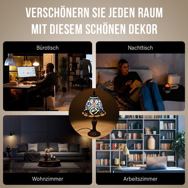 Handgefertige Tiffany-Stil Tischlampe, Buntglas, Glockenform, Blau image number 5