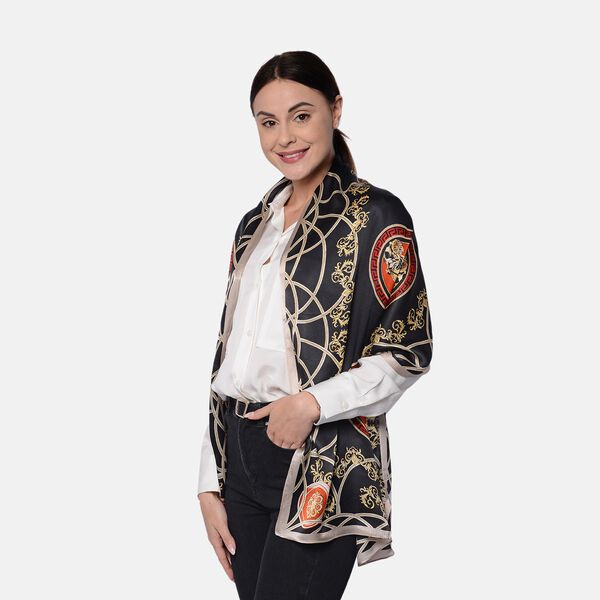 LA MAREY: Bedruckter Schal aus 100% Maulbeerseide, inkl. Geschenkbox, Schwarz-Gold-Terracotta&nbsp; image number 2