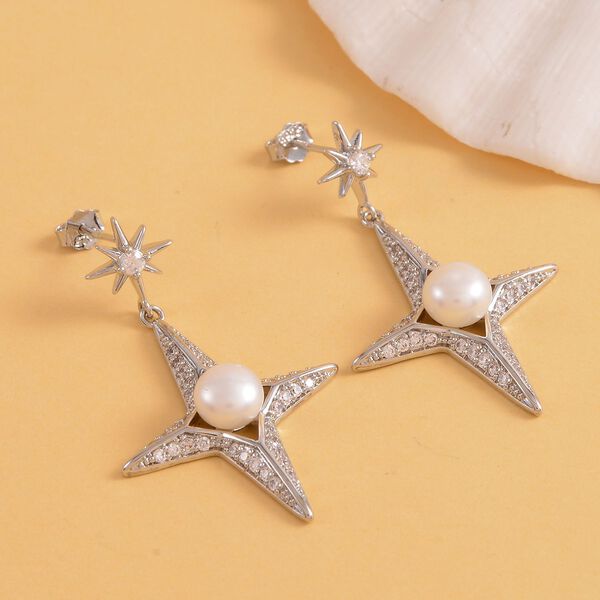 Weiße Süßwasser Perle und weiße Zirkonia-Ohrringe, Messing image number 2