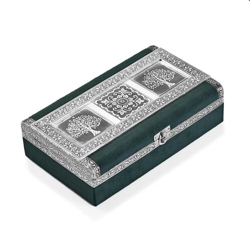 " Handcrafted Oxidized Tree Of Life Embossed Jewellery Box  Size-24.2X15X7 Cms Colour-Silver & Green"
