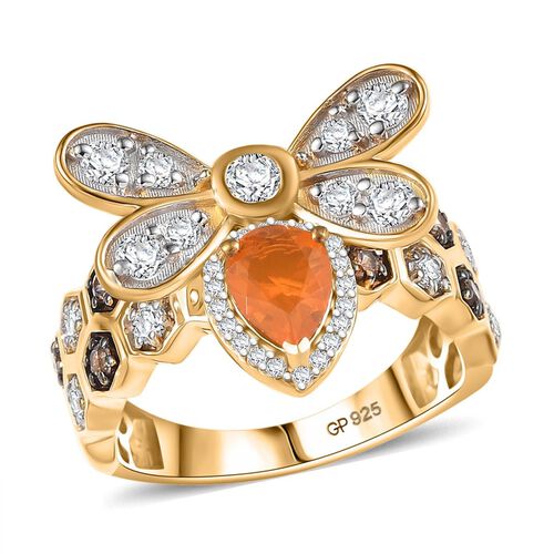 Giuseppe Perez AA Feuer opal, Weißer Zirkon Ring 925 Silber 750 Gelbgold Vermeil (Größe 19.00) ca. 2,45 ct image number 0