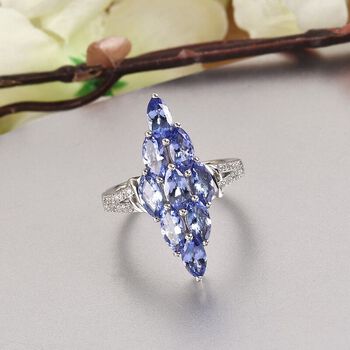 Tansanit und Zirkon Cluster Ring 925 Silber Platin-&Uuml;berzug