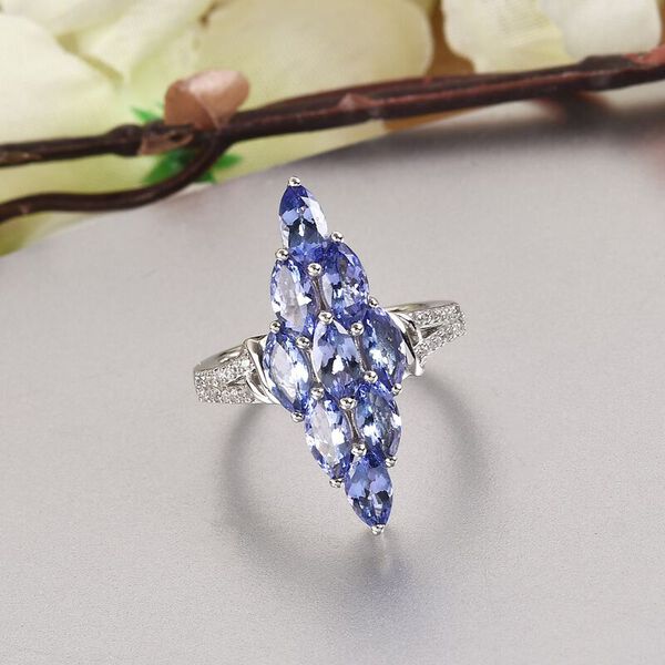 Tansanit und Zirkon Cluster Ring 925 Silber Platin-&Uuml;berzug image number 2