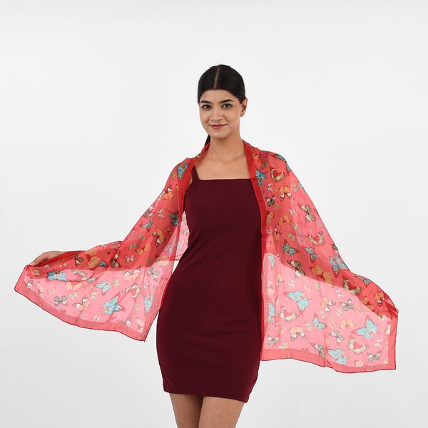 Bedruckter 100% Satin-Seidenschal, 48x160cm, rot image number 2