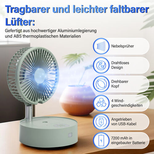 Kabelloser, faltbarer Ventilator mit integriertem Luftbefeuchter, USB-Anschluss, Weißgrün image number 1