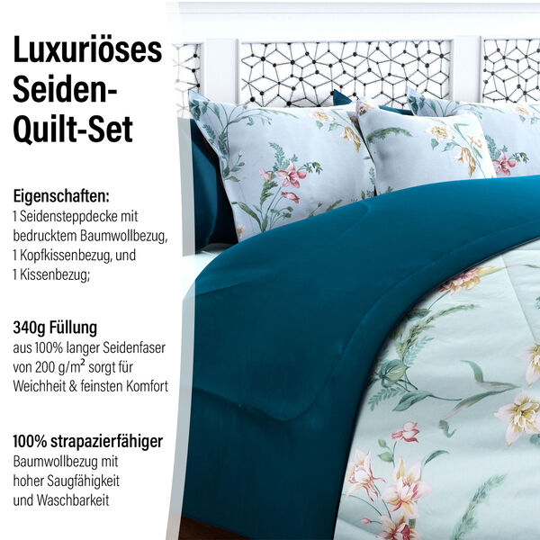 SERENITY NIGHT: 3er-Set - Seidensteppdecke und 2 Kissenbez&uuml;ge, Blumenmuster, Blau&nbsp; image number 2