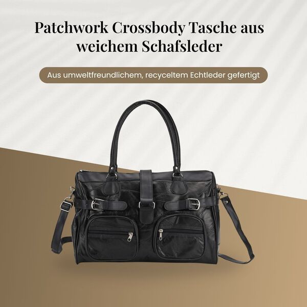 Patchwork Crossbody Tasche aus Schafleder mit mehreren Rei&szlig;verschlussf&auml;chern, 40&times;16,5&times;25,5 cm, Schwarz image number 2