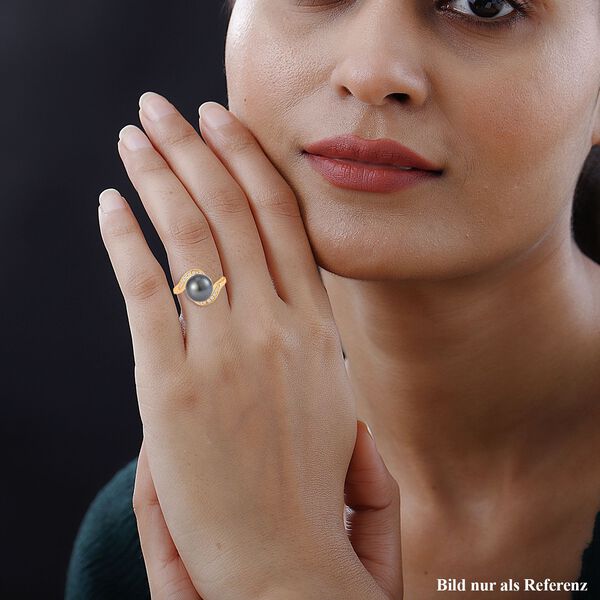 Tahiti Perle, wei&szlig;er Zirkon Ring, (10-11mm), 925 Silber Gelbgold Vermeil (Gr&ouml;&szlig;e 21.00) image number 3