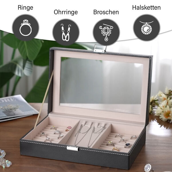 Schmuckorganizer aus Kunstleder mit Glasdeckel, 30x20x8,5cm, Schwarz image number 5