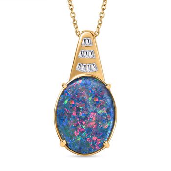 AAA Boulder Opal, Wei&szlig;er Zirkon Anh&auml;nger mit Kette, 925 Silber Gelbgold Vermeil ca. 8.12 ct