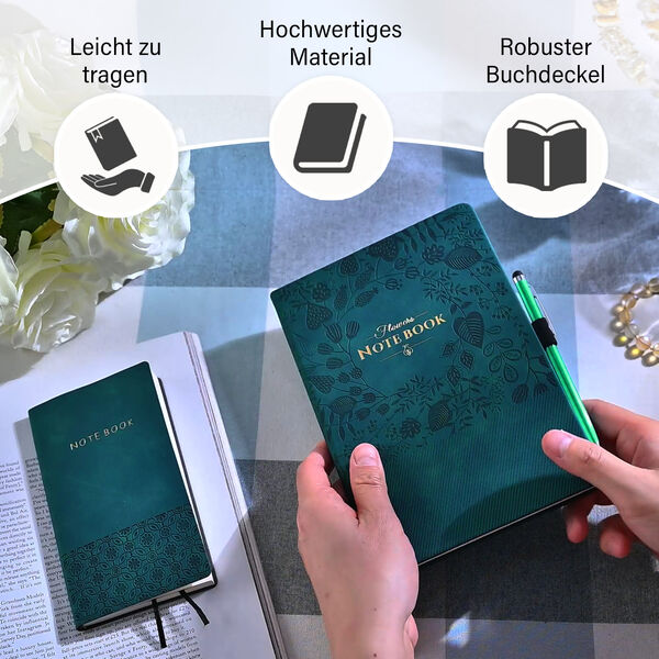 Premium Set; Notizbuch und Taschentagebuch mit geschnitztem, samtigem Hardcover und Kugelschreiber, Grün image number 4