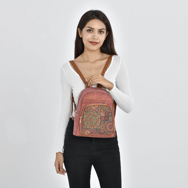 Praktischer Rucksack aus Naturkork mit Kunstleder-Griffen, Boh&egrave;me Muster, Rot image number 2