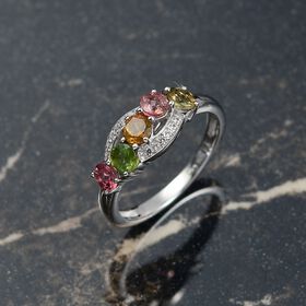 D joy Mehrfarbig-Turmalin, Weißer Zirkon Ring 925 Silber platiniert (Größe 18.00) ca. 1,18 ct